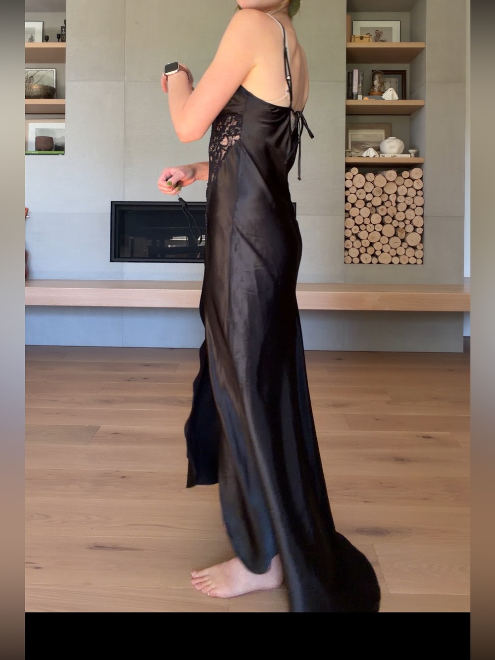 La vie en rose Lace-Accent Black Satin Slip Dress with Thigh Slit small - Picture 4 of 14